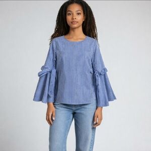 New navy striped bow bell sleeves Coastal preppy Nautical cotton top NWT sz XS/S